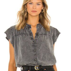 Rails Black Acid Wash Ruthie Top Ruffle Sleeve Button-Front Blouse Size Small